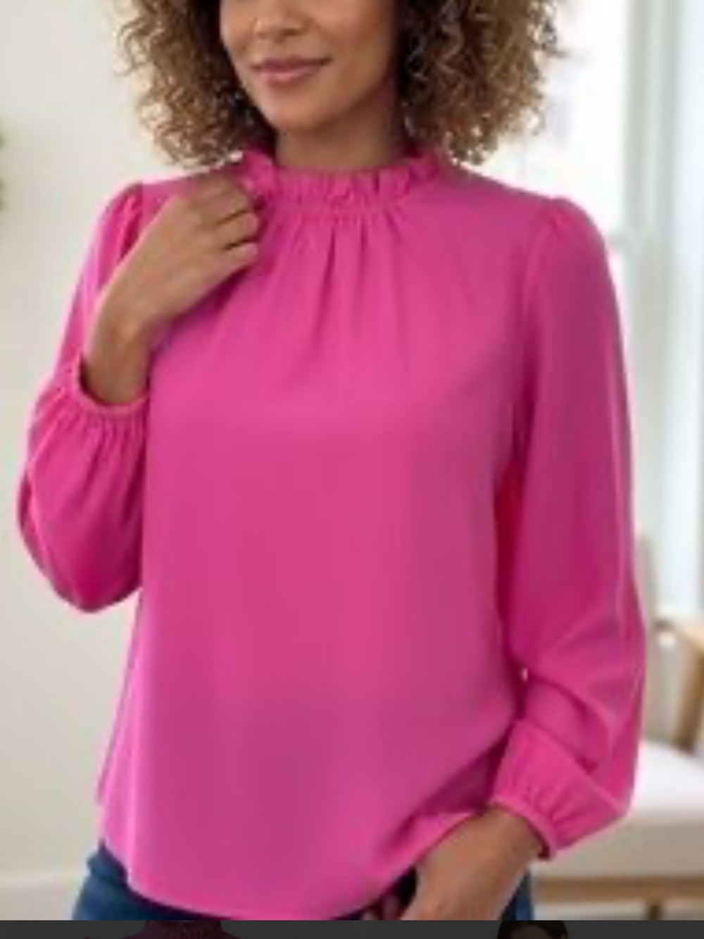 New J. Crew Fuchsia Ruffle Smocked Neck Long-Sleeve Blouse Size Large